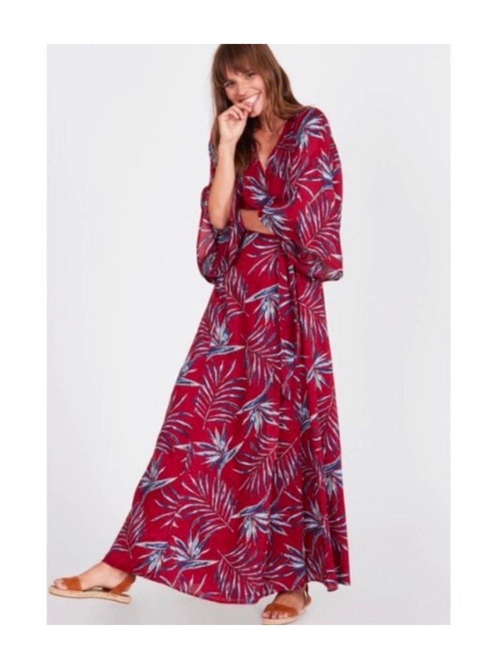 Amuse Society Red Tropical-Print Maxi Dress with Flutter Sleeves